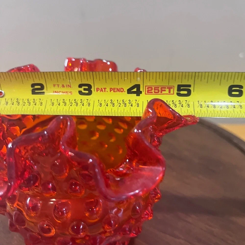 Vtg Fenton Red Orange Hobnail Glass Ruffled‎ Rose Bowl Vase Mid Century Modern